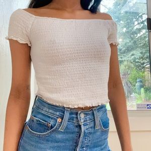 White Scrunch Rouched Off The Shoulder Crop Top